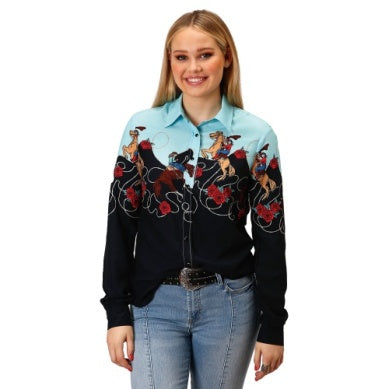 ROPER LADIES FIVE STAR COLLECTION LS SHIRT PRINT BLACK