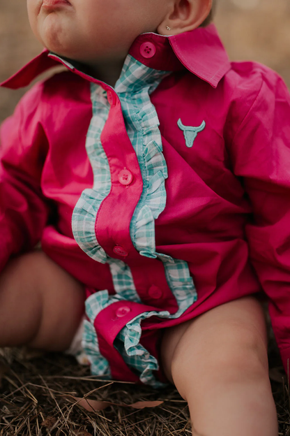 Little Windmill Clothing Co. "Carly" Hot Pink And Teal Checked Long Sleeve Romper