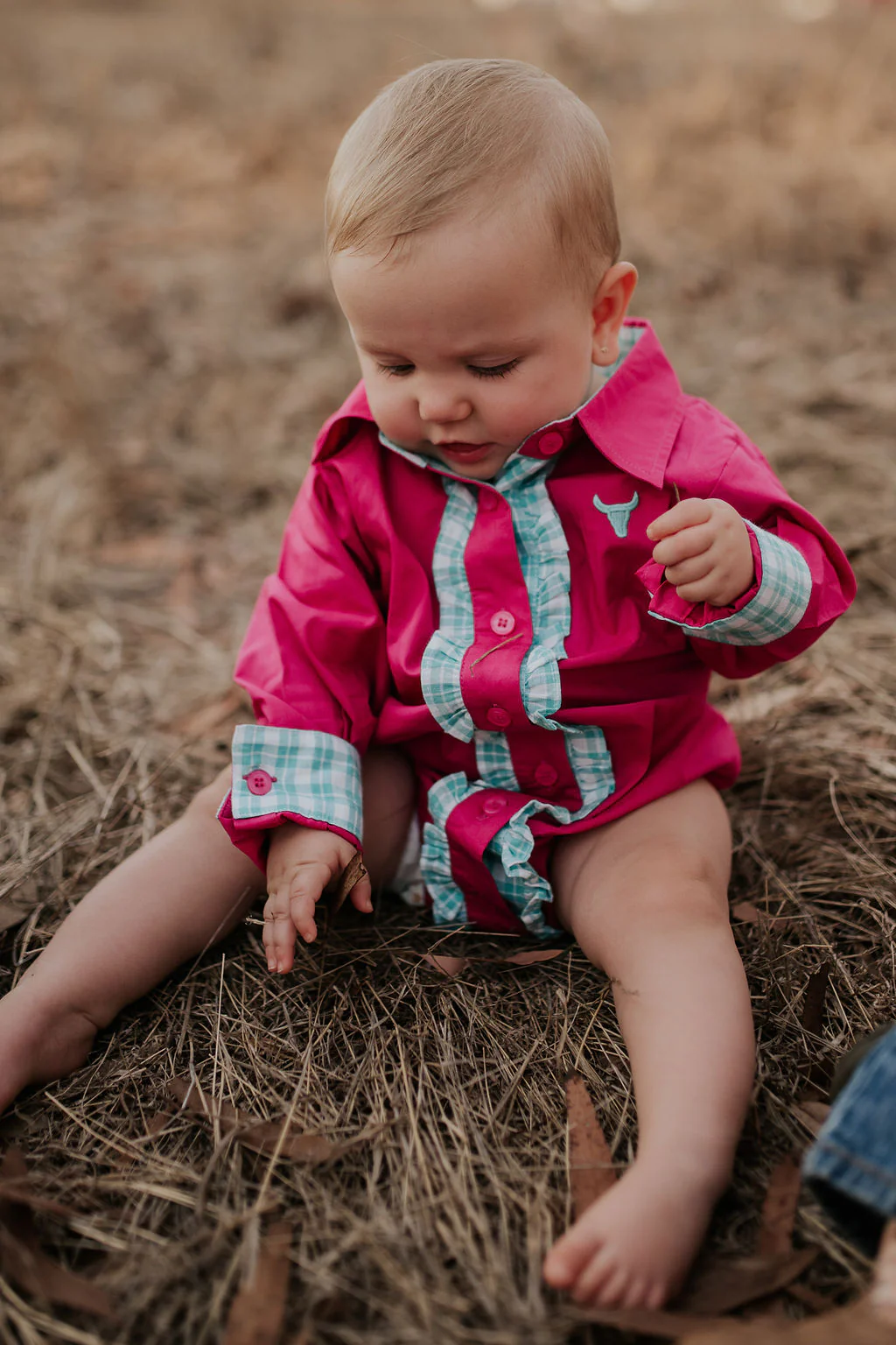 Little Windmill Clothing Co. "Carly" Hot Pink And Teal Checked Long Sleeve Romper
