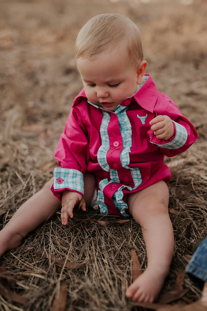 Little Windmill Clothing Co. "Carly" Hot Pink And Teal Checked Long Sleeve Romper