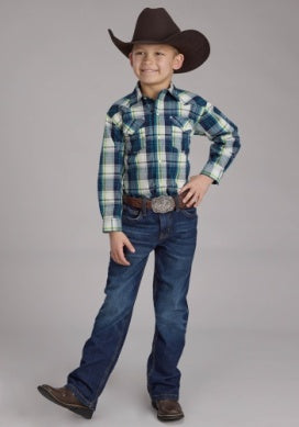 Roper Boys West Made Collection Long Sleeve Shirt  Plaid Blue 03-030-0062-0150