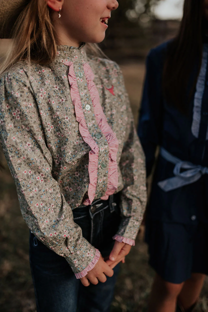 Little Windmill Clothing Co. Girls "Connie"  Fancy Floral Ruffle Collared Fronted Shirt