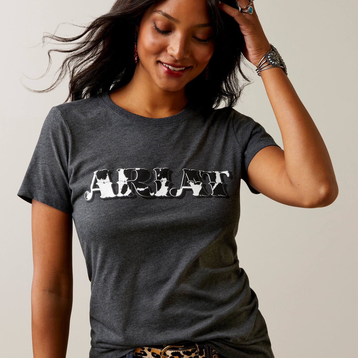 ARIAT WMNS COW SS TEE CHARCOAL HEATHER