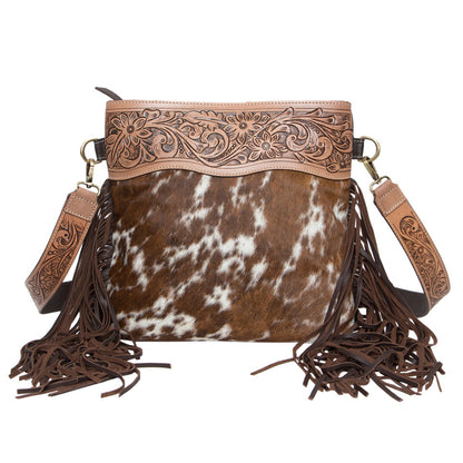 The Design Edge Brown and White Hairon Handbag with Tassels