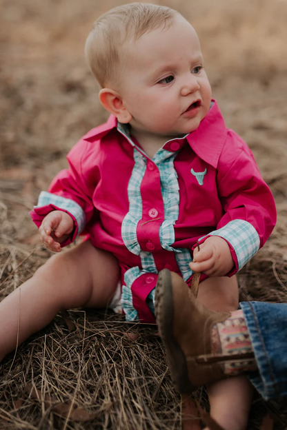 Little Windmill Clothing Co. "Carly" Hot Pink And Teal Checked Long Sleeve Romper