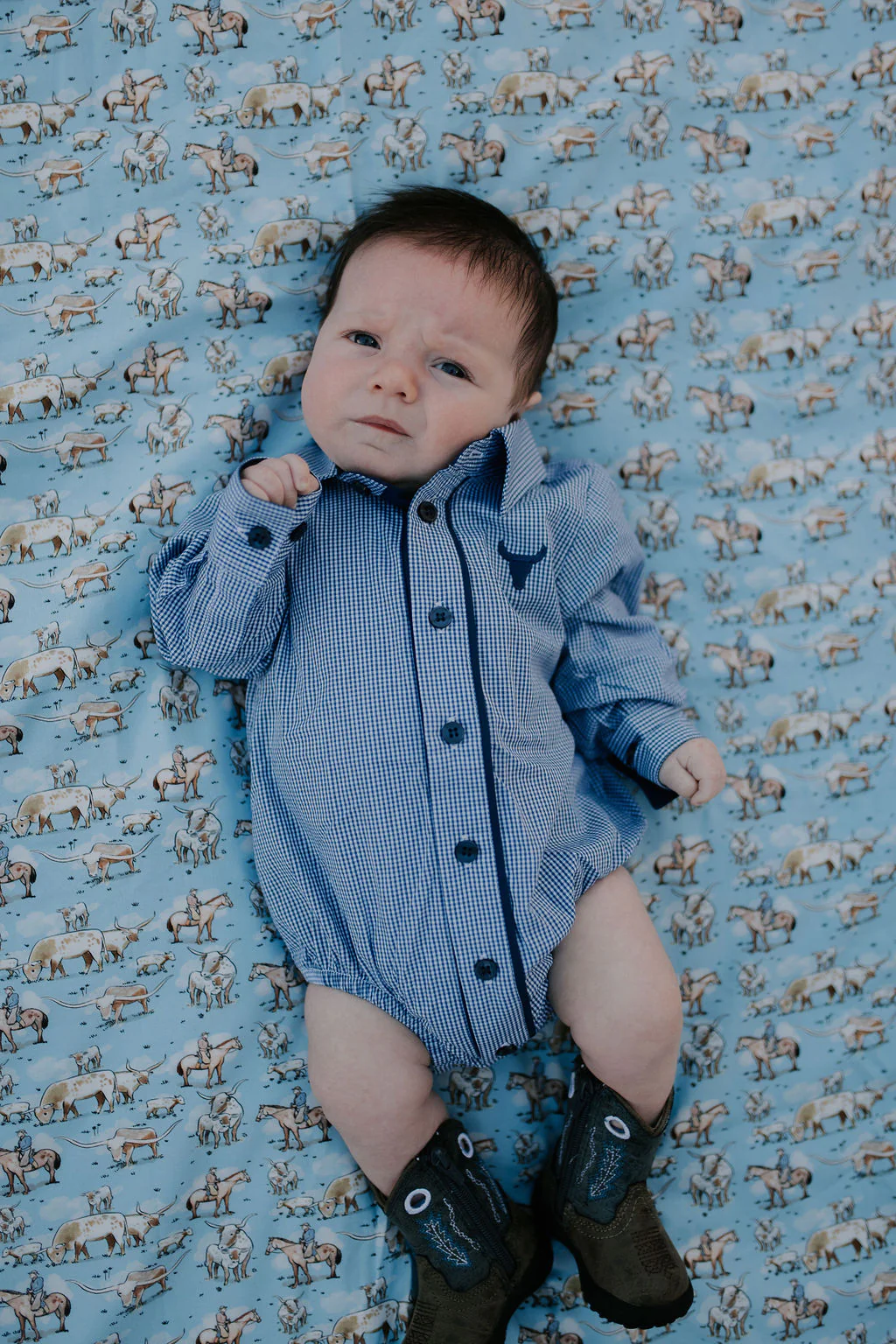Little Windmill Clothing Co. "Darby Jnr" Navy Nostalgic Gingham Long Sleeve Romper