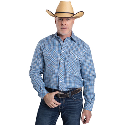 Just Country Men's Austin Full Button Long Sleeve Print Workshirt - Marine Blue, Navy & White Plaid