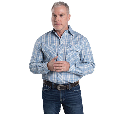 Just Country Men's Austin Full Button Long Sleeve Print Workshirt - Cornflower & White Plaid