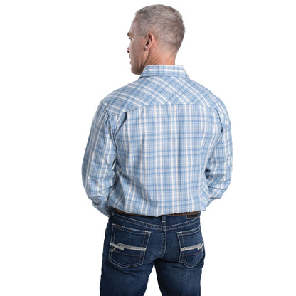 Just Country Men's Austin Full Button Long Sleeve Print Workshirt - Cornflower & White Plaid