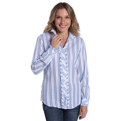 Just Country Womens Abbey Frills Full Button - White & Denim Stripe Lace