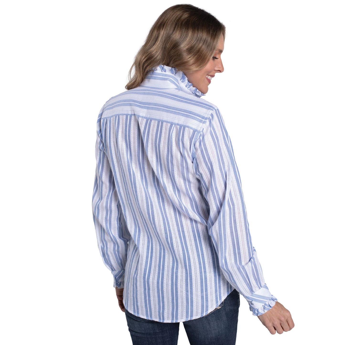 Just Country Womens Abbey Frills Full Button - White & Denim Stripe Lace