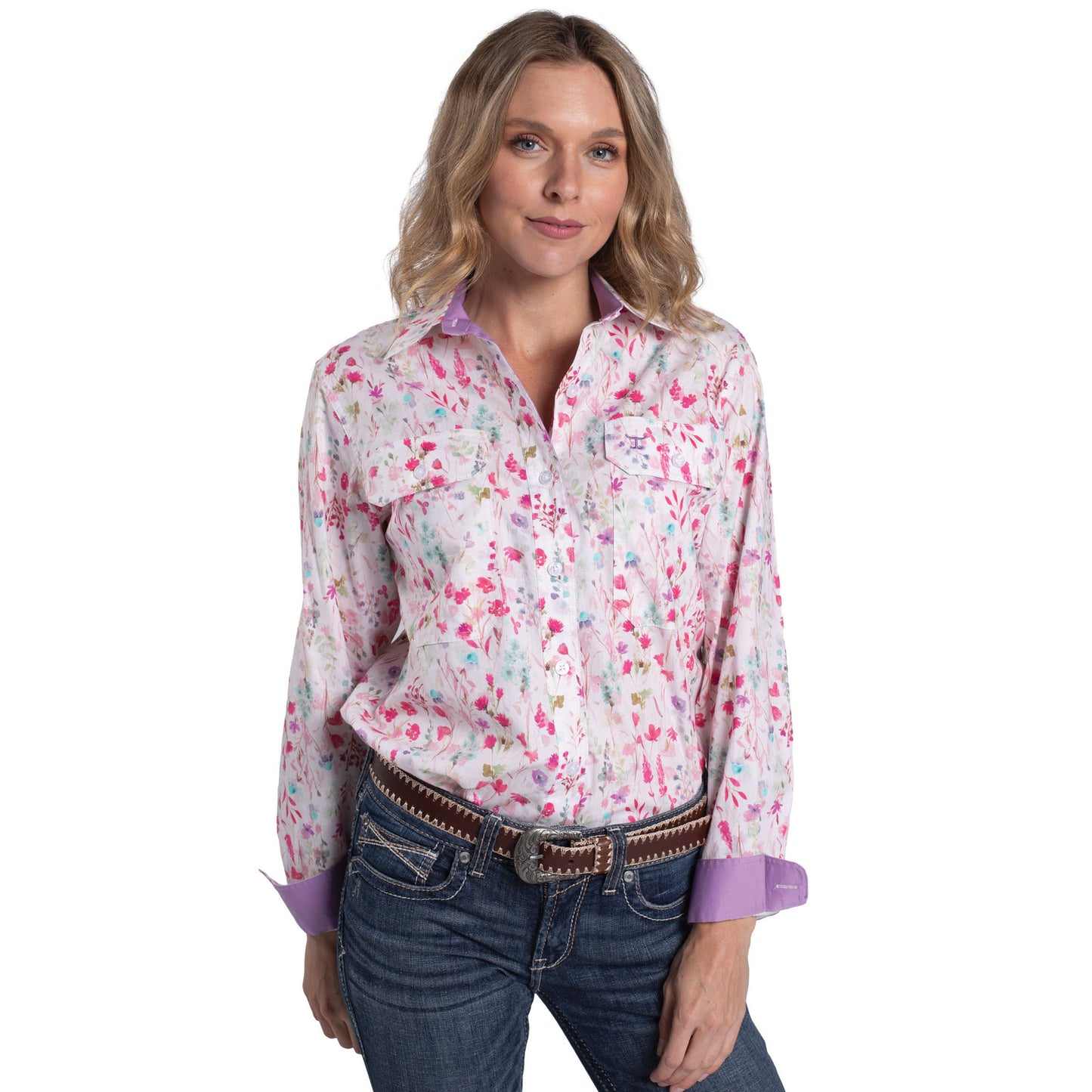 Just Country Women's Abbey Full Button Workshirt - White Wildflowers/Orchid