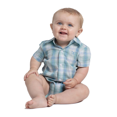 Just Country Infant Frankie Short Sleeve Full Button Jumpsuit - Riveria Blue & Sea Green Plaid