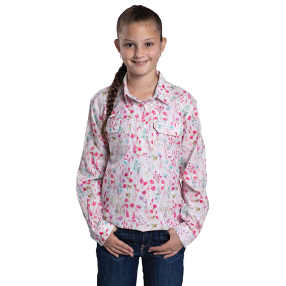 Just Country Girls Harper Half Button Workshirt - White Wildflowers