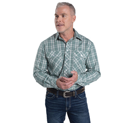 Just Country Men's Austin Full Button Long Sleeve Print Workshirt - Deep Sea Green & White Plaid