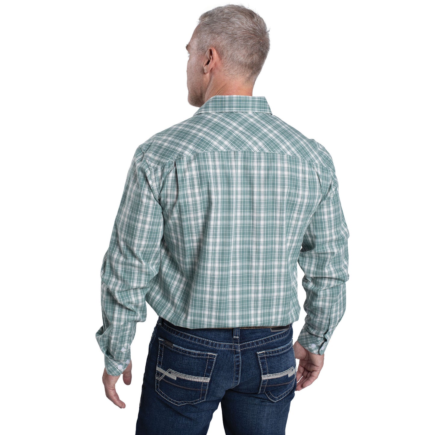 Just Country Men's Austin Full Button Long Sleeve Print Workshirt - Deep Sea Green & White Plaid