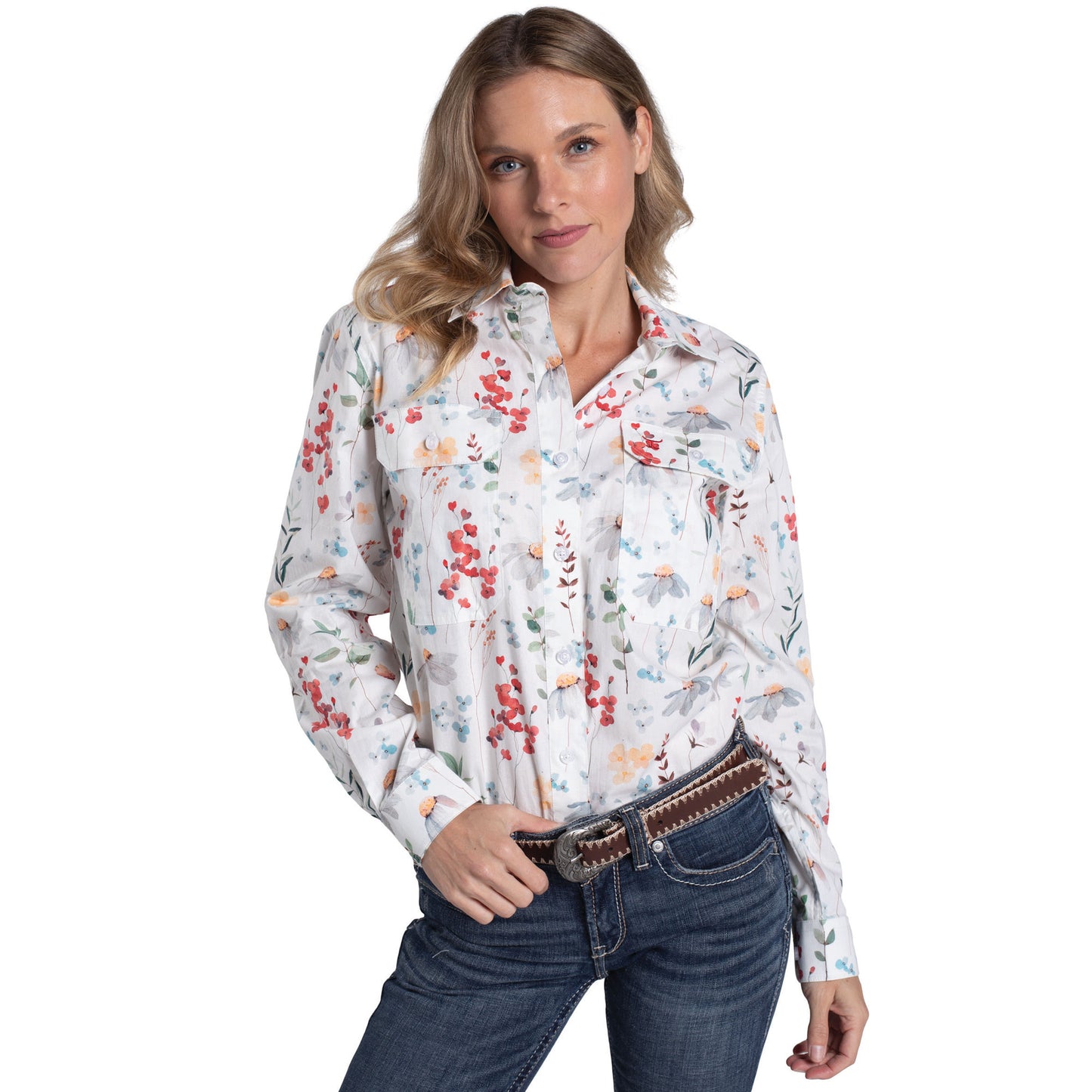 Just Country Women's Abbey Full Button Workshirt - White Floral Fields