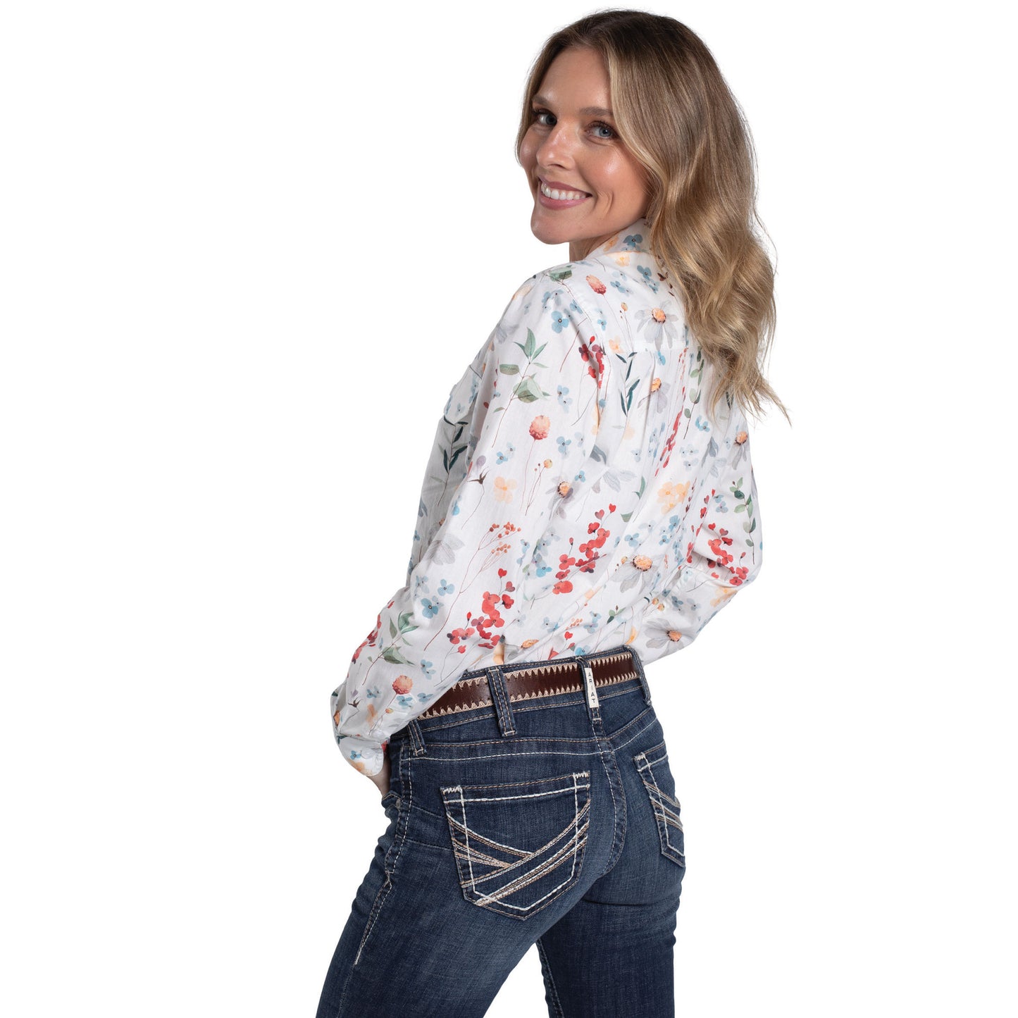 Just Country Women's Abbey Full Button Workshirt - White Floral Fields