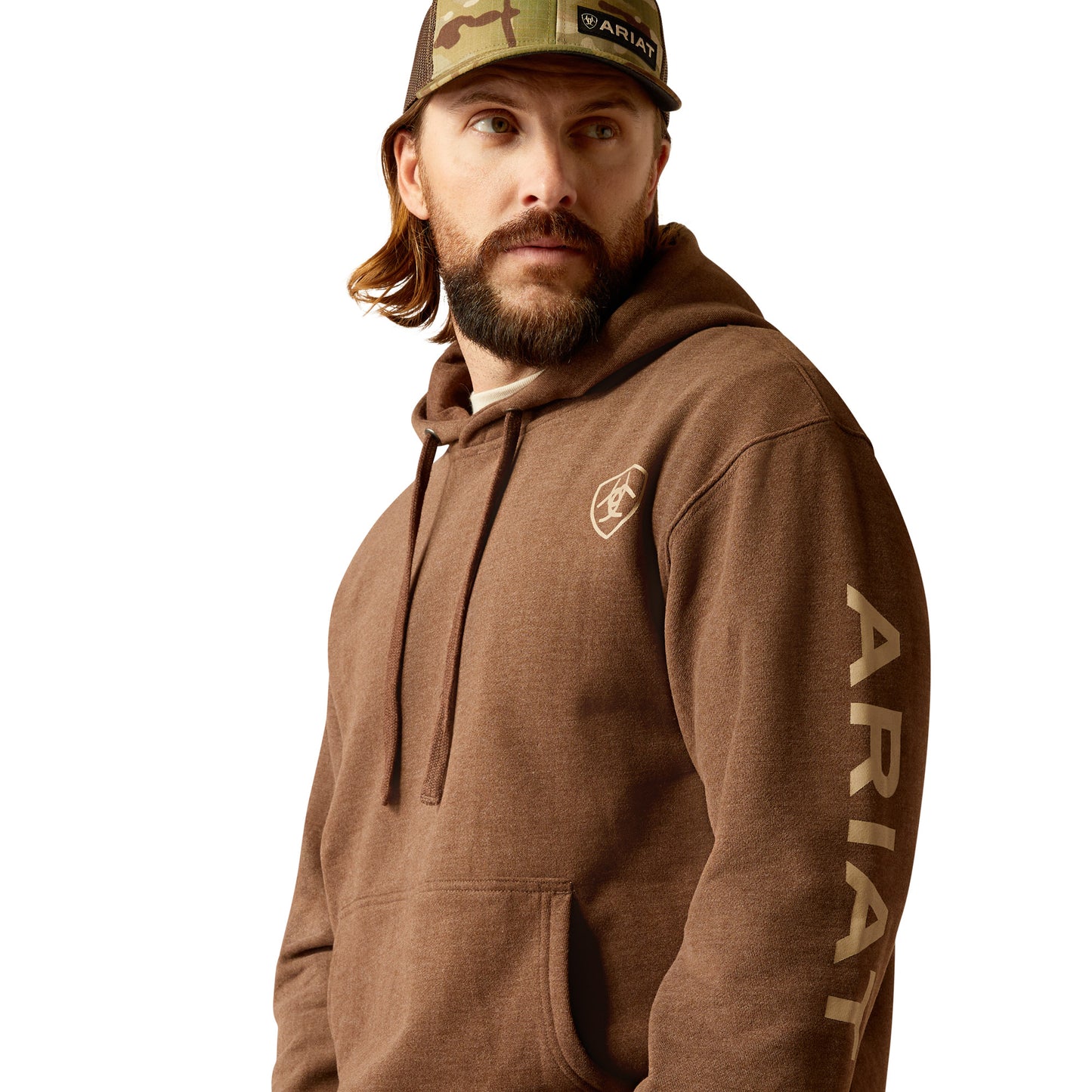 Ariat Mens Logo Hoodie Chestnut Heather/ Tan