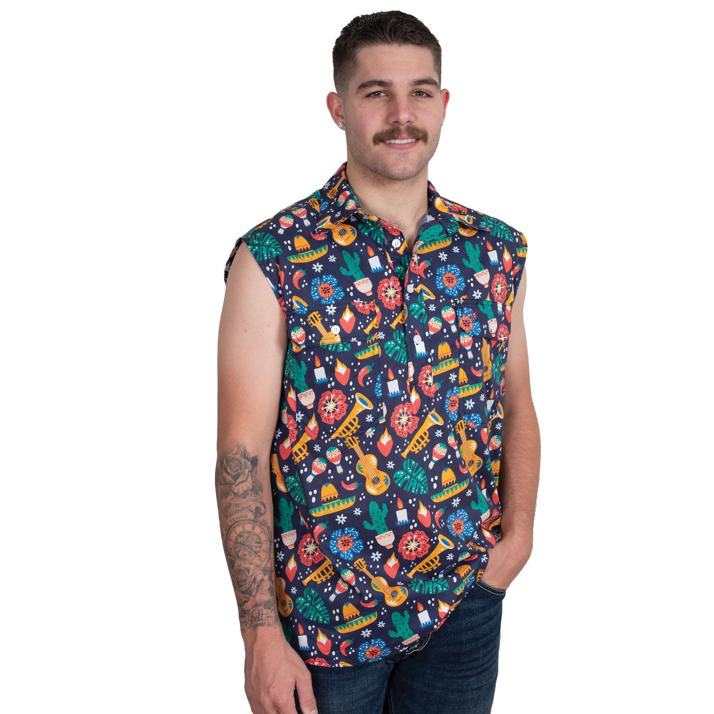 Just Country Men's Logan Half Button Sleeveless Print Workshirt - Navy Fiesta