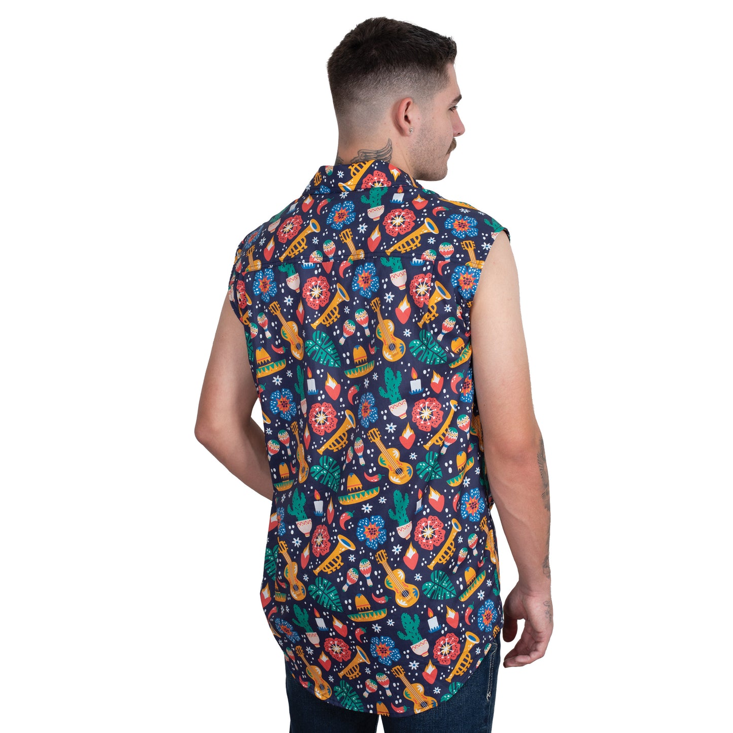 Just Country Men's Logan Half Button Sleeveless Print Workshirt - Navy Fiesta