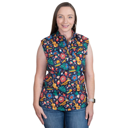Just Country Women's Lilly Half Button Sleeveless Print Workshirt - Navy Fiesta