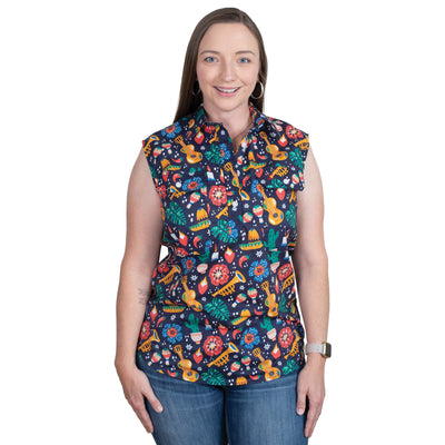 Just Country Women's Lilly Half Button Sleeveless Print Workshirt - Navy Fiesta