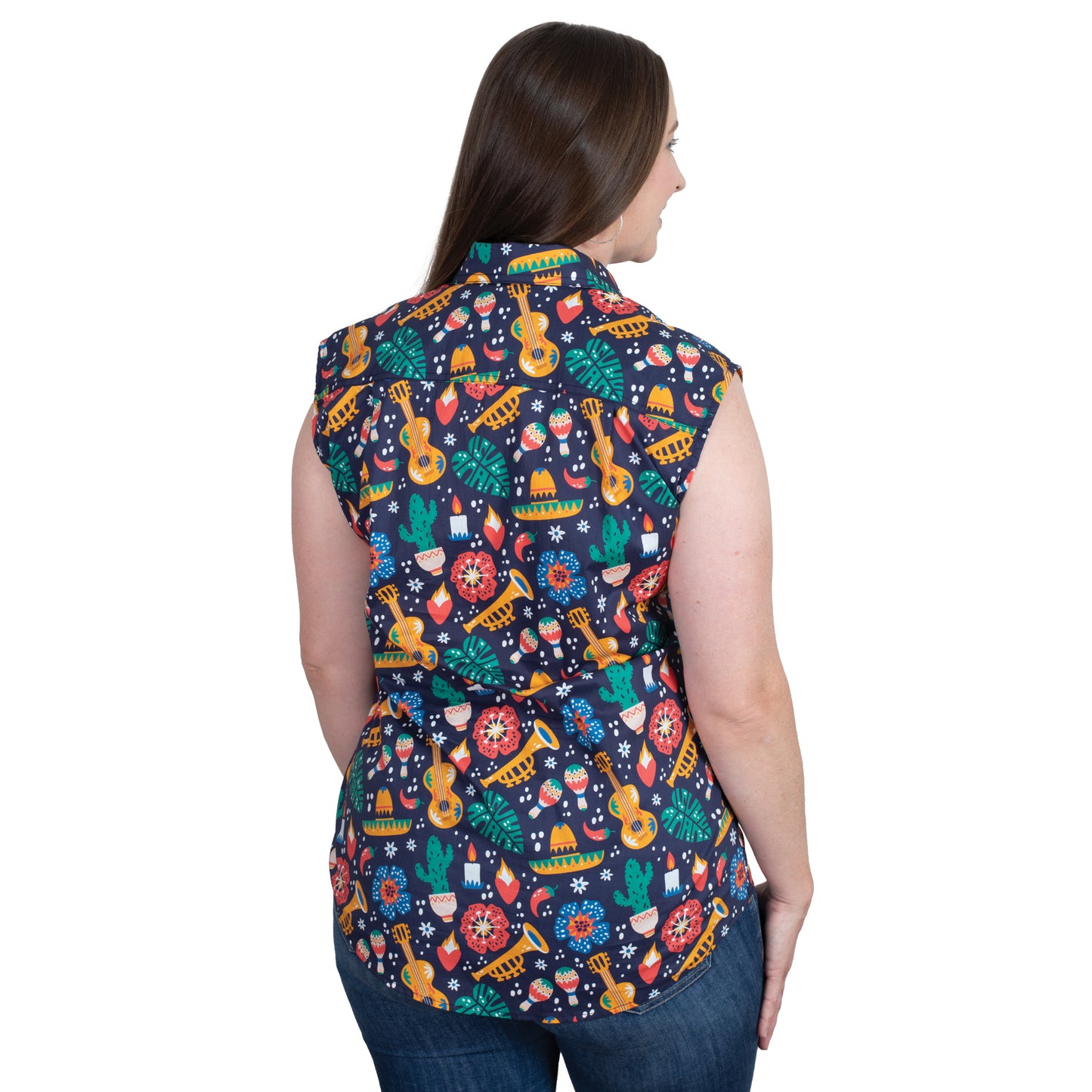 Just Country Women's Lilly Half Button Sleeveless Print Workshirt - Navy Fiesta
