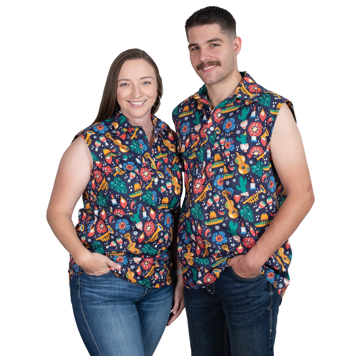 Just Country Women's Lilly Half Button Sleeveless Print Workshirt - Navy Fiesta