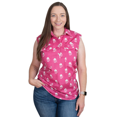 Just Country Women's Lilly Half Button Sleeveless Print Workshirt - Rose Brew