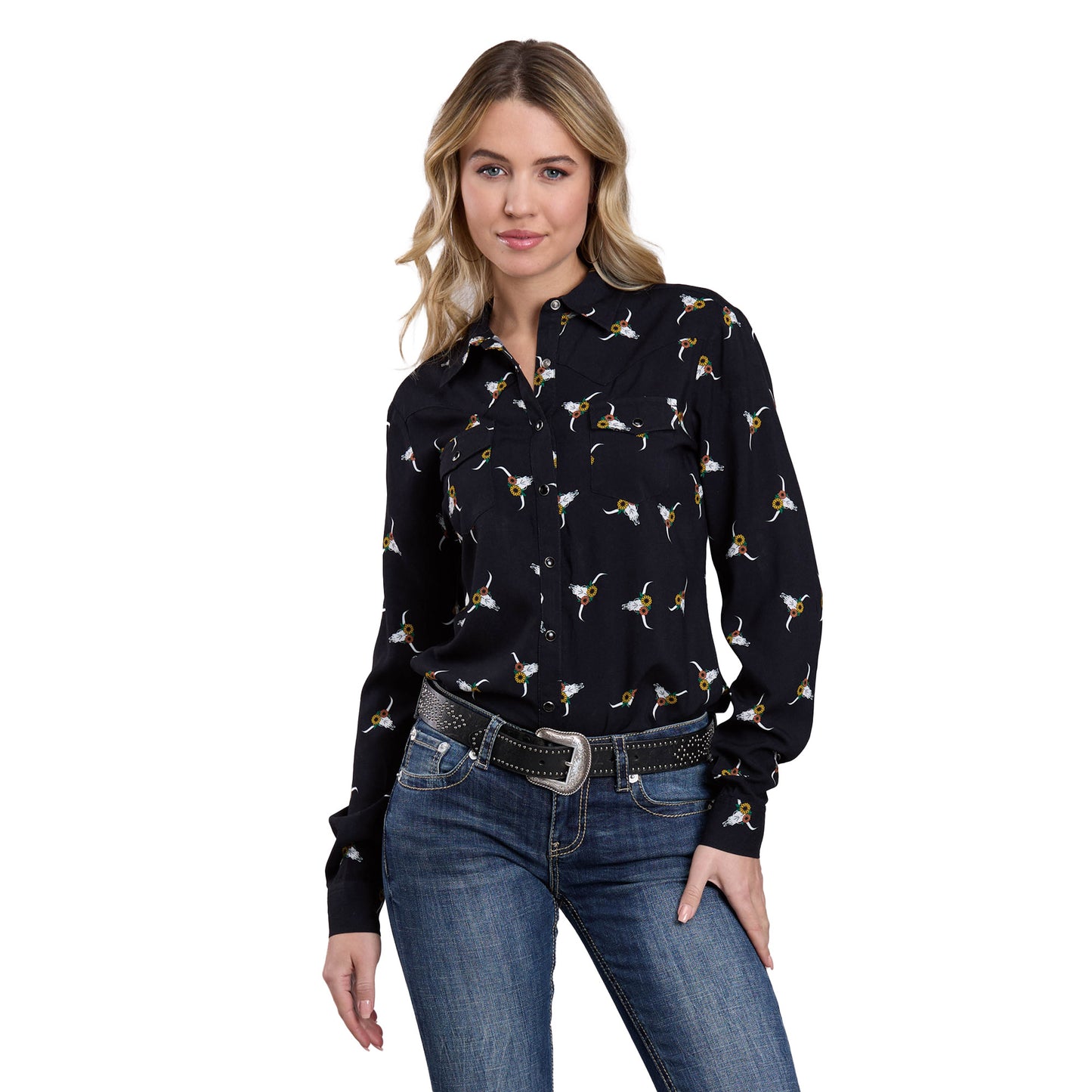 Roper Womens Five Star Collection Print Black Long Sleeve Shirt 03-050-0590-6129