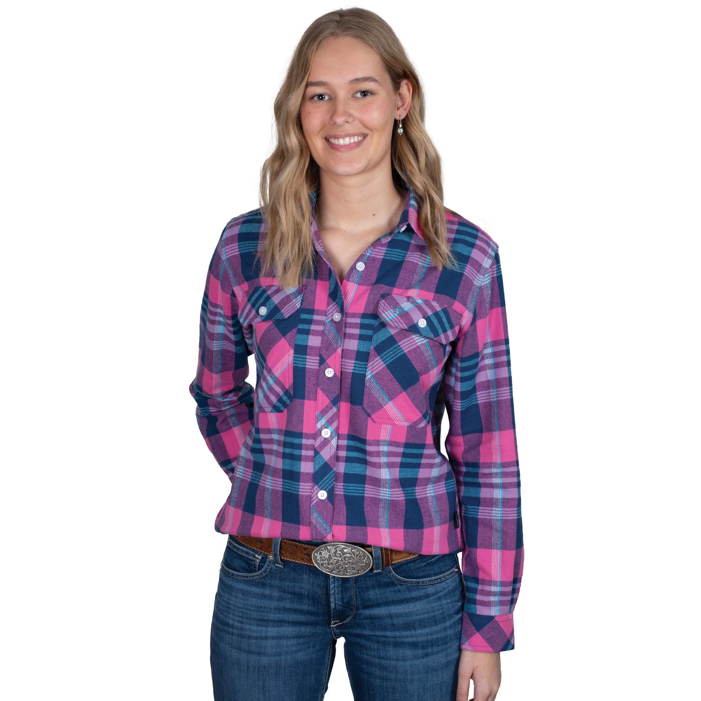 Just Country Women's Brooke Flannel Long Sleeve Shirt - Hot Pink/Navy/Sky Blue