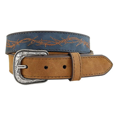 Roper Boy's Belt 1.1/4" Genuine Leather Embroidered Barbed Wire Brown/Blue