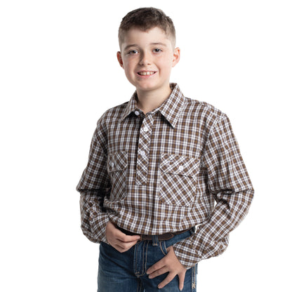 Just Country Boy's Brayden Half Button Workshirt - Coffee & White Check BWLS2672