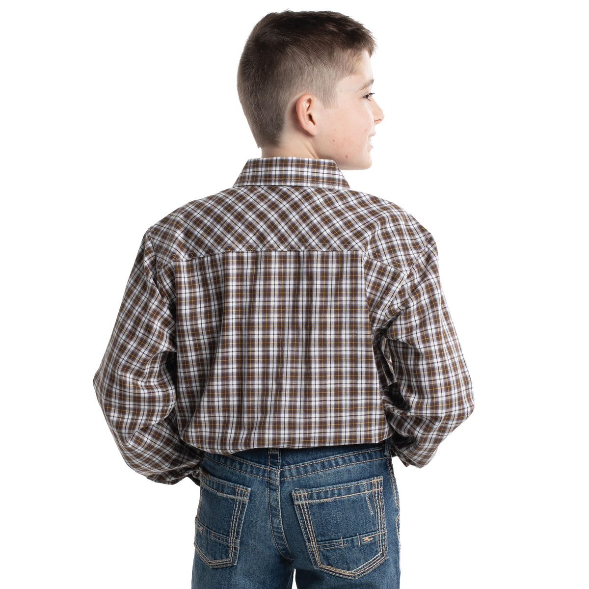 Just Country Boy's Brayden Half Button Workshirt - Coffee & White Check BWLS2672