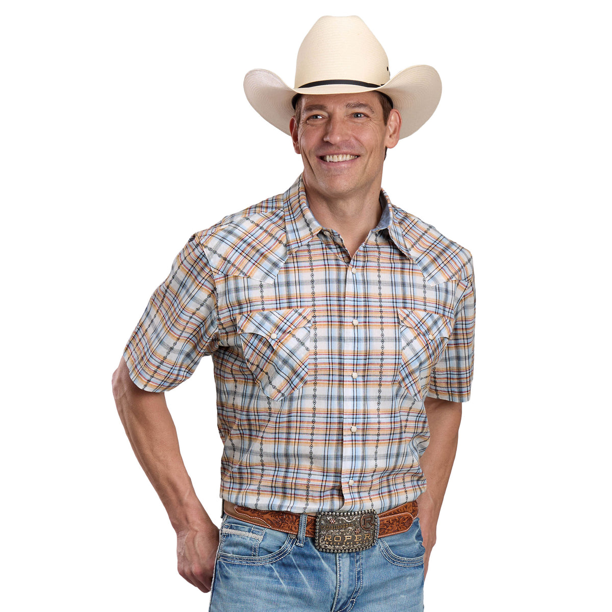 Roper Men's West Made Collection Short Sleeve Shirt Plaid White 03-002-0062-0482