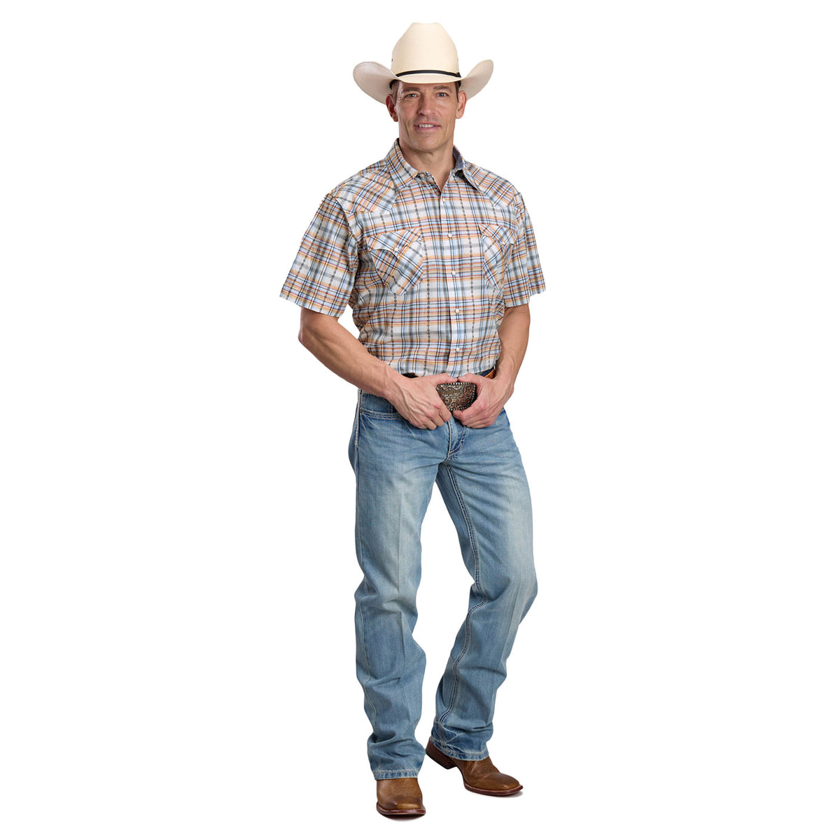 Roper Men's West Made Collection Short Sleeve Shirt Plaid White 03-002-0062-0482