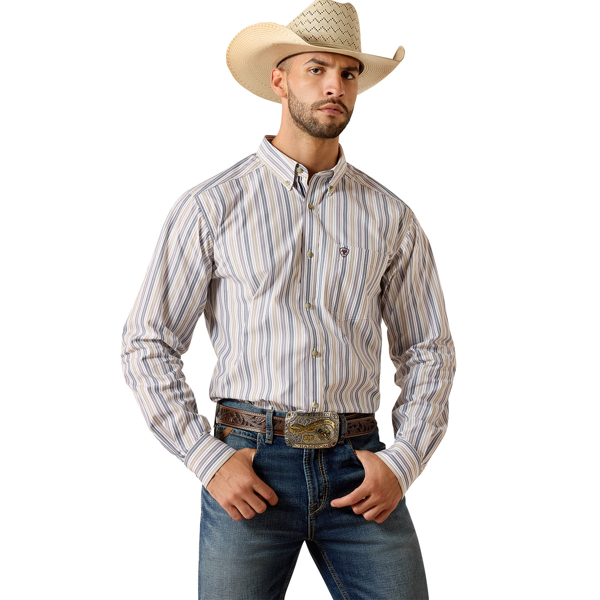 Ariat Men's Pro Series Fitted Long Sleeve Shirt - White Stripe