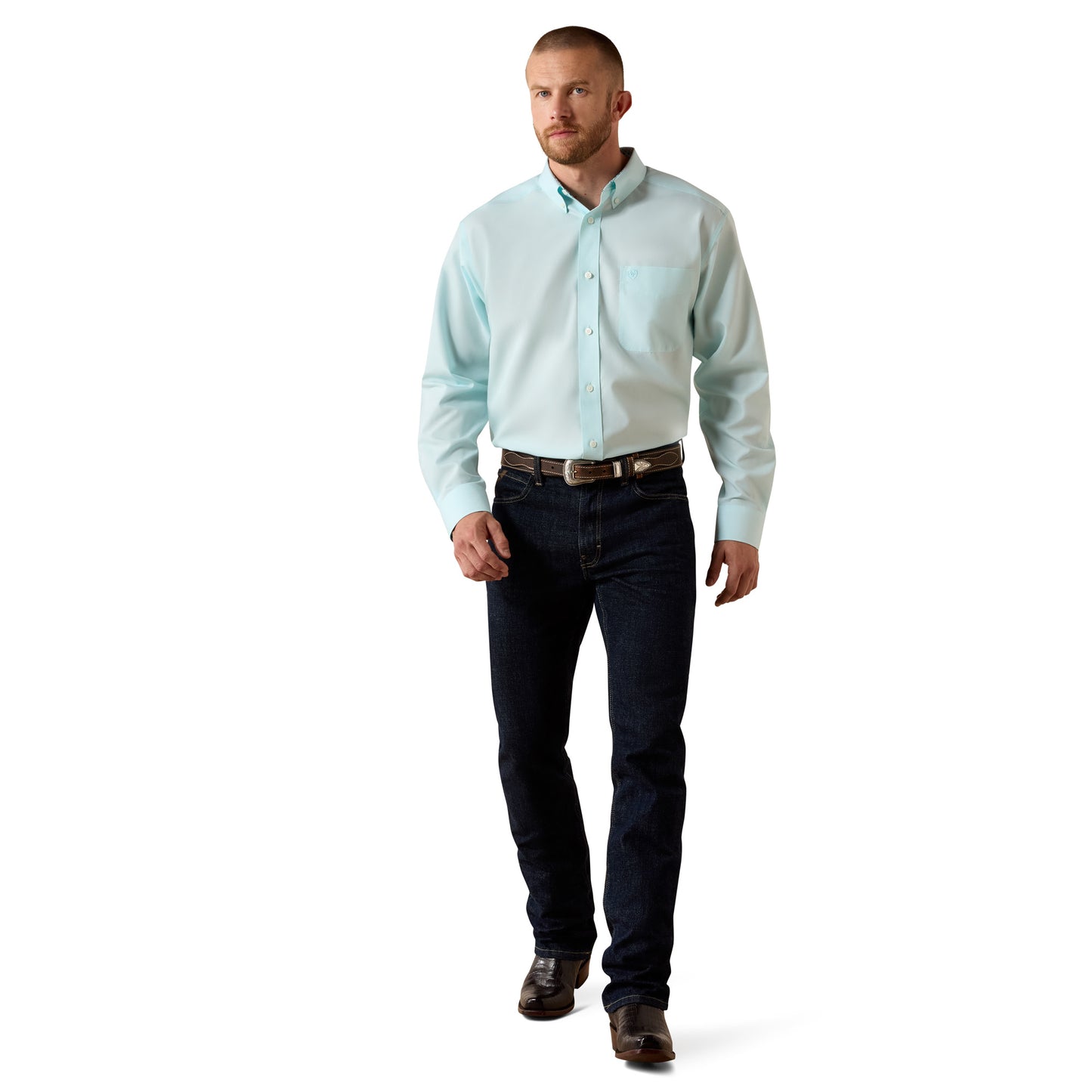 Ariat Men's Wrinkle Free Solid Pinpoint Oxford Classic Fit  Long Sleeve Shirt - Angel Blue