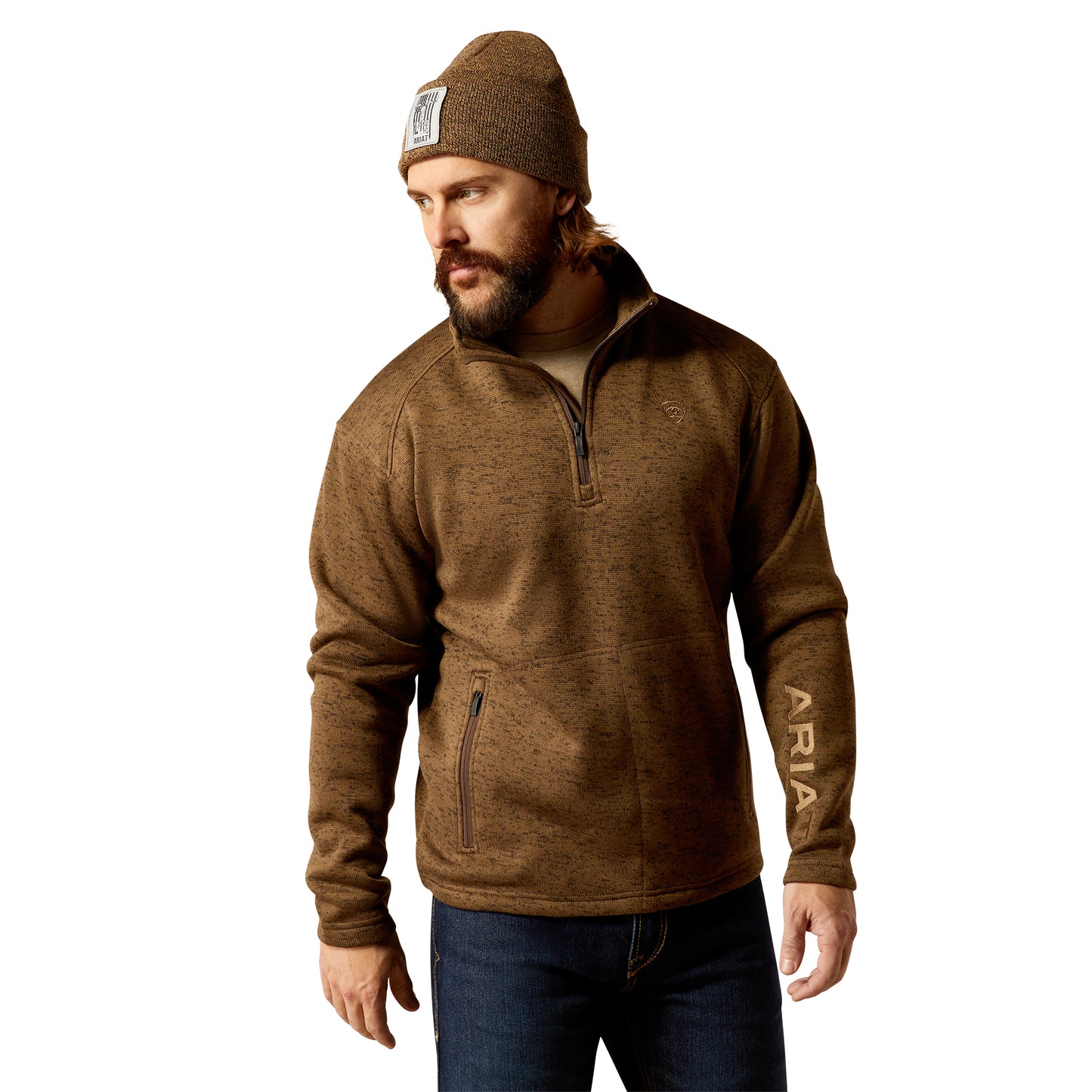 Ariat Mens Caldwell Logo 1/4 Zip Sweater Dark Brown Heather