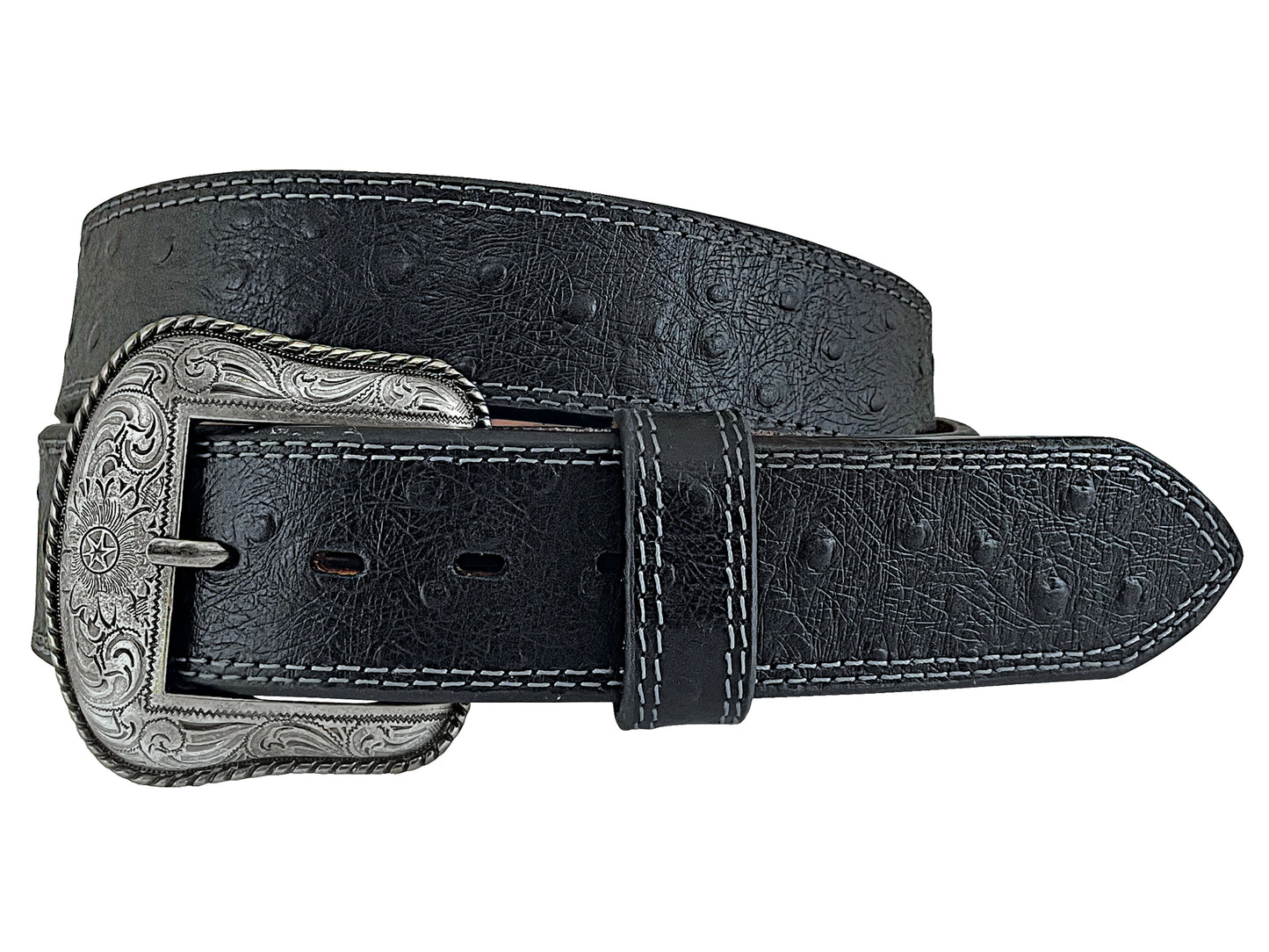 Roper Mens Belt 1.1/2" Genuine Leather with Ostrich Print Black