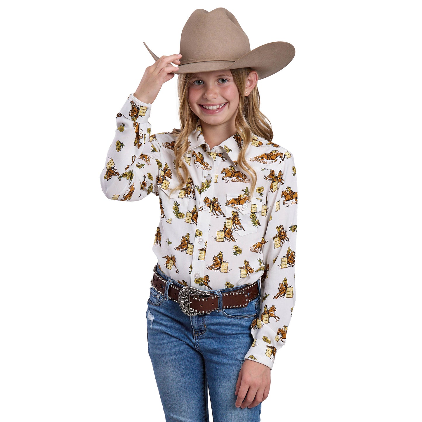 Roper Girl's Five Star Collection Long Sleeve Shirt White Print 03-080-0590-2058