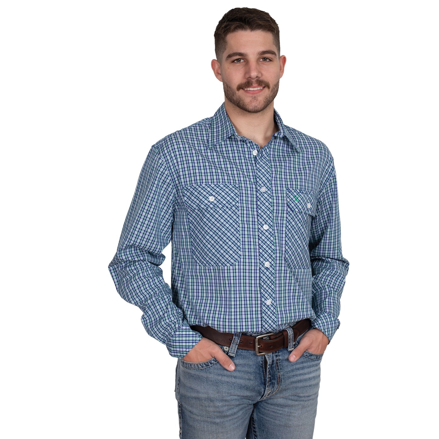 Just Country Men's Austin Full Button Workshirt - Navy/Ivy Green Check MWLS2531