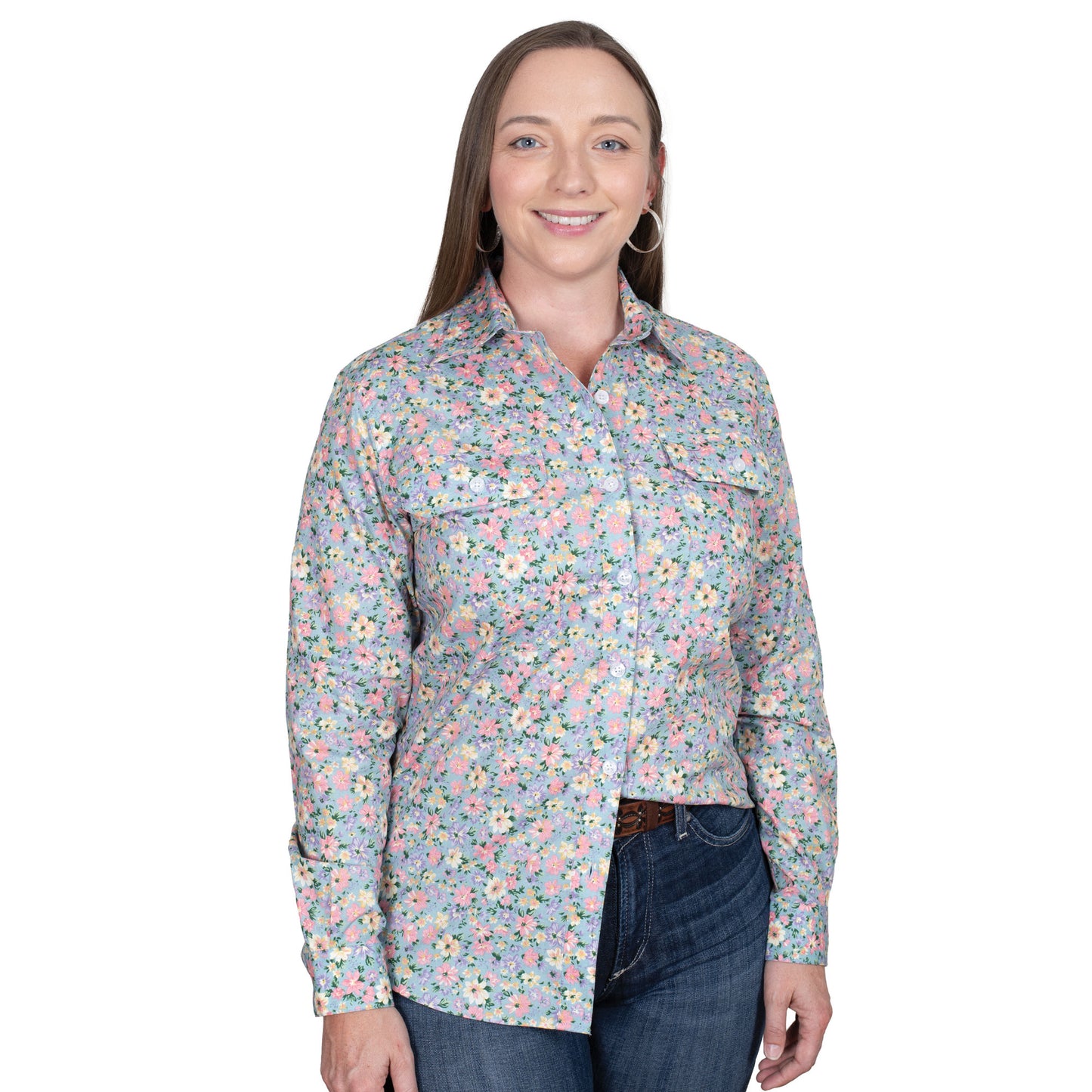 Just Country Women's Abbey Full Button Workshirt - Winter Sky Blue Floral WWLS2547