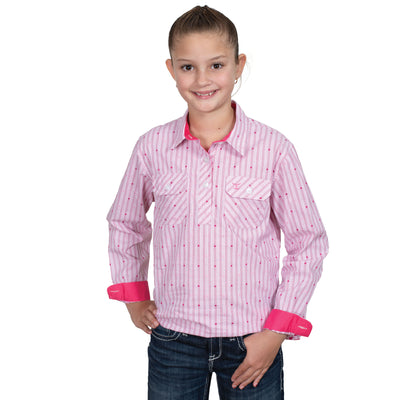 Just Country Girls Harper Half Button Workshirt - White/ Hot pink Stripe GWLS2543