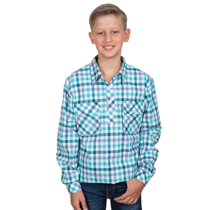 Just Country Boys Brayden Half Button Workshirt - Turquoise/ Deep Teal Check