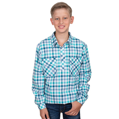 Just Country Boys Brayden Half Button Workshirt - Turquoise/ Deep Teal Check
