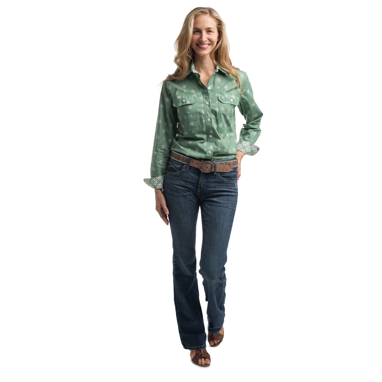 Just Country Women's Abbey Full Button Shirt  - Eucalyptus & White