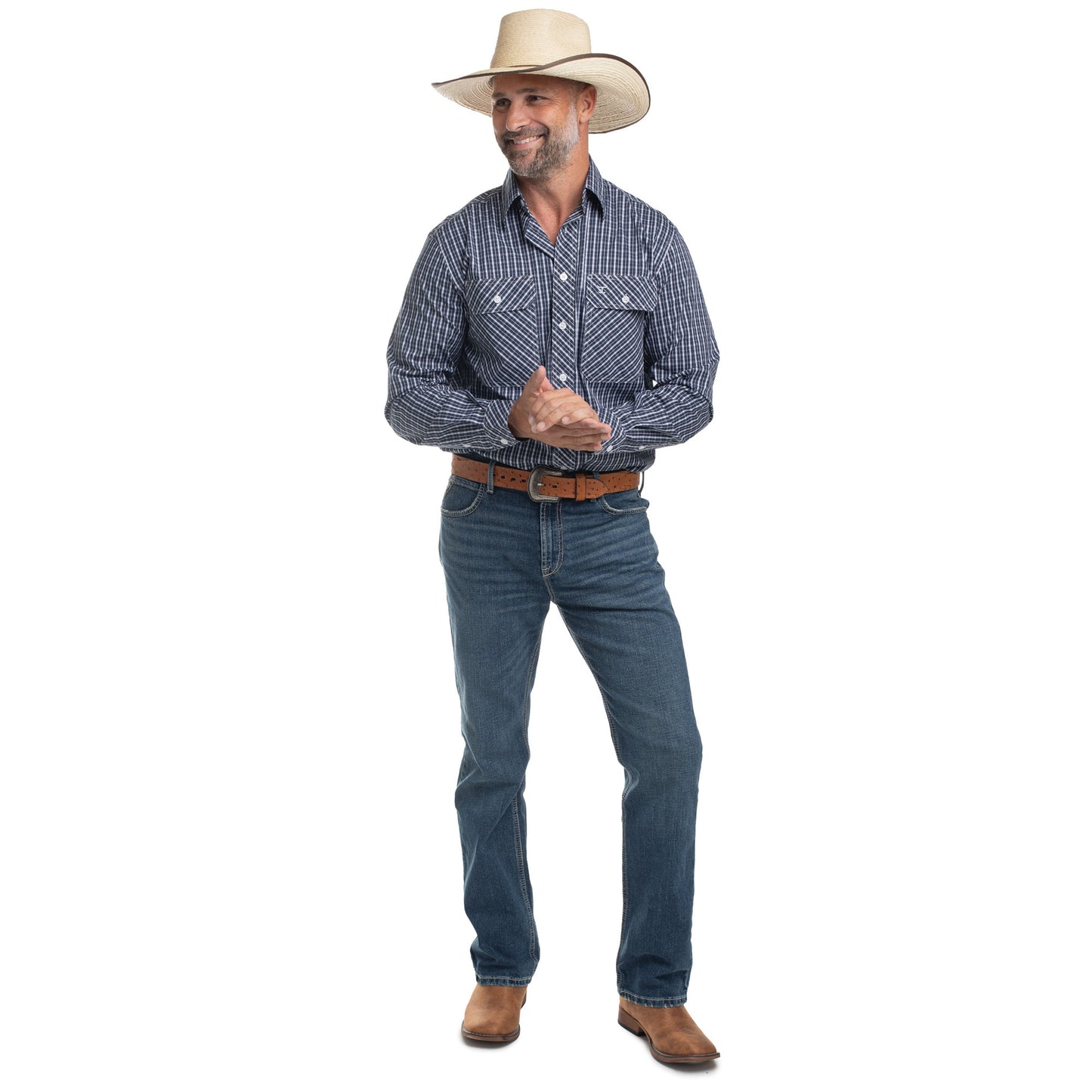 Just Country Men's Austin Full Button Long Sleeve Print Workshirt - White, Navy & Grey Check
