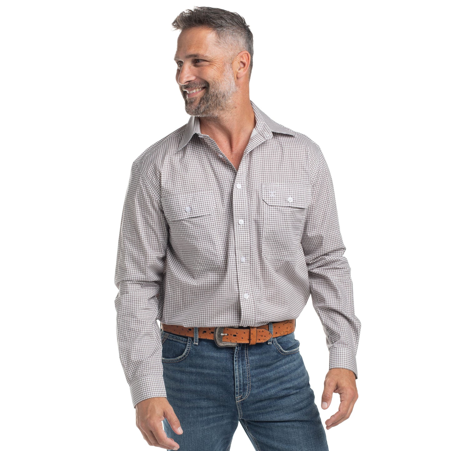 Just Country Men's Austin Full Button Long Sleeve Print Workshirt - Smoke Grey & White Mini Check